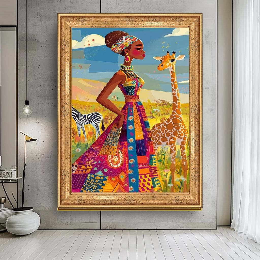 Vibrant African Woman with Giraffe Canvas Print, Colorful Afrocentric 