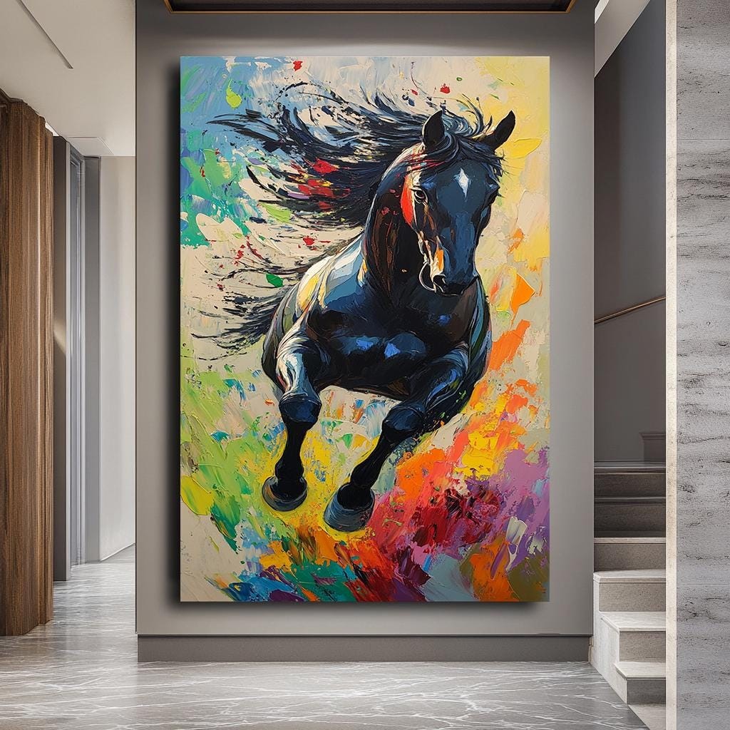 Vibrant Running Horse Canvas Art, Colorful Abstract Horse Painting, La