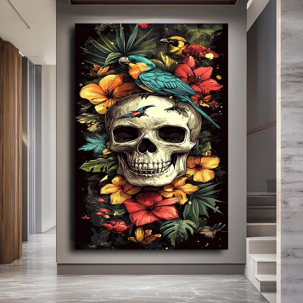 Skull and Parrots Canvas Art, Vibrant Floral Skull Artwork, Gothic Tro