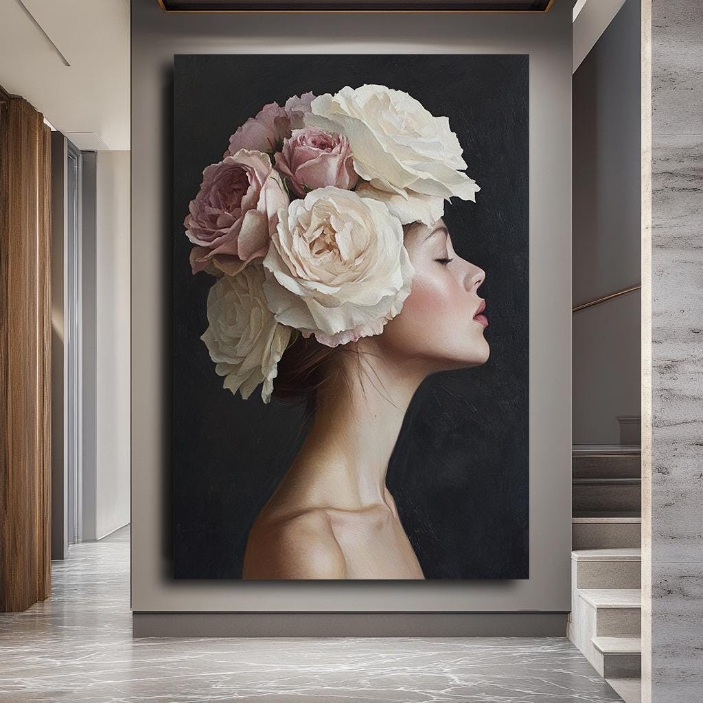 Elegant Woman with Flower Crown Wall Art, Feminine Floral Portrait Can