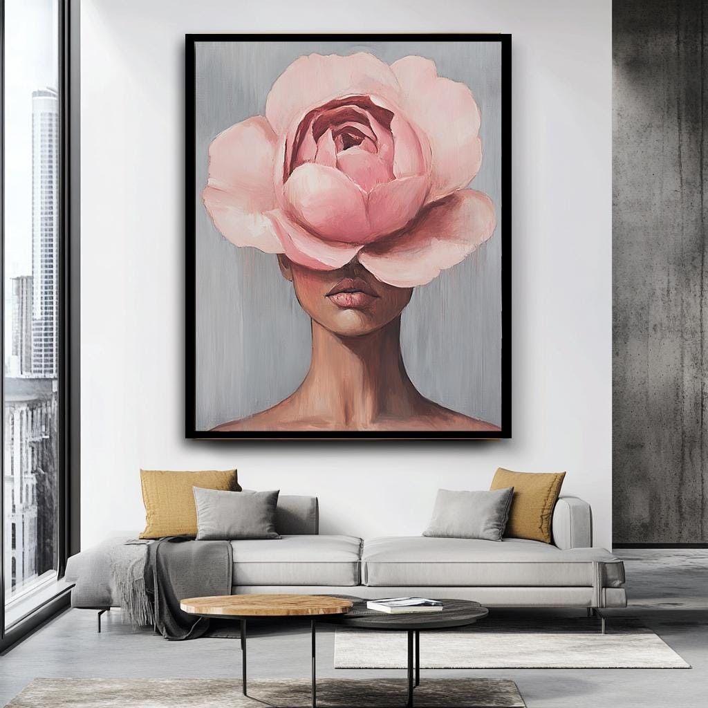 Floral Face Wall Art, Minimalist Woman with Pink Flower Canvas, Abstra