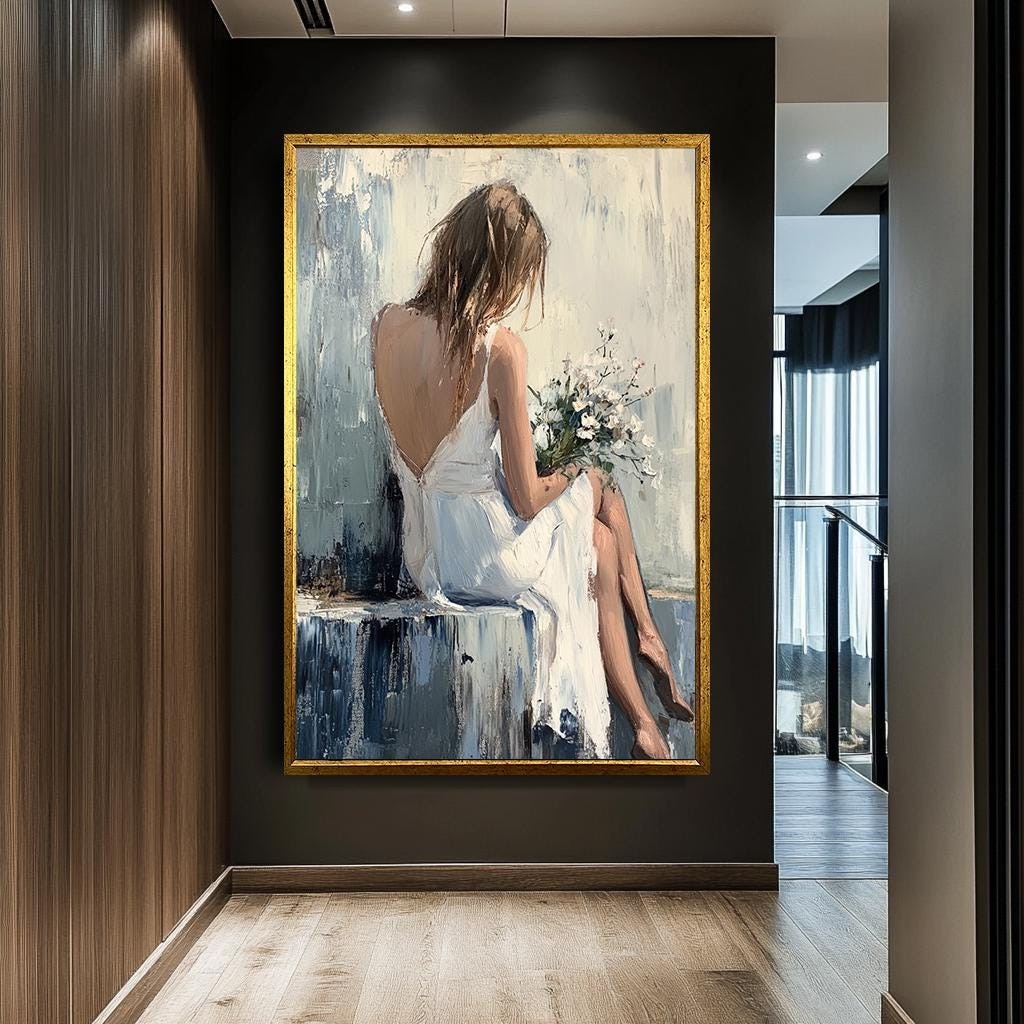Serene Woman Canvas Art, Elegant Figure Holding Flowers, Large Abstrac