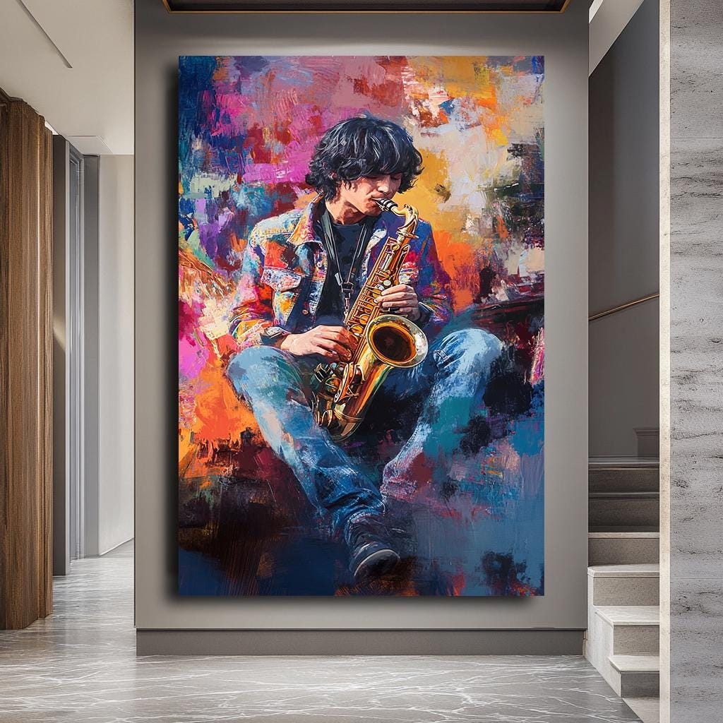 Colorful Saxophone Player Wall Art, Abstract Musician Canvas, Vibrant 