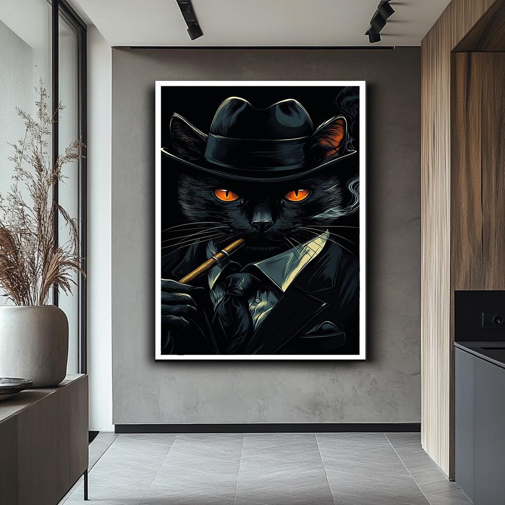 Sofistike Takım Elbiseli Kedi Kanvas Baskı, Şapkalı ve Purolu Şık Kedi Duvar Sanatı, Oturma Odası için Cesur ve Zarif Hayvan Portresi, Ev Dekorasyonu