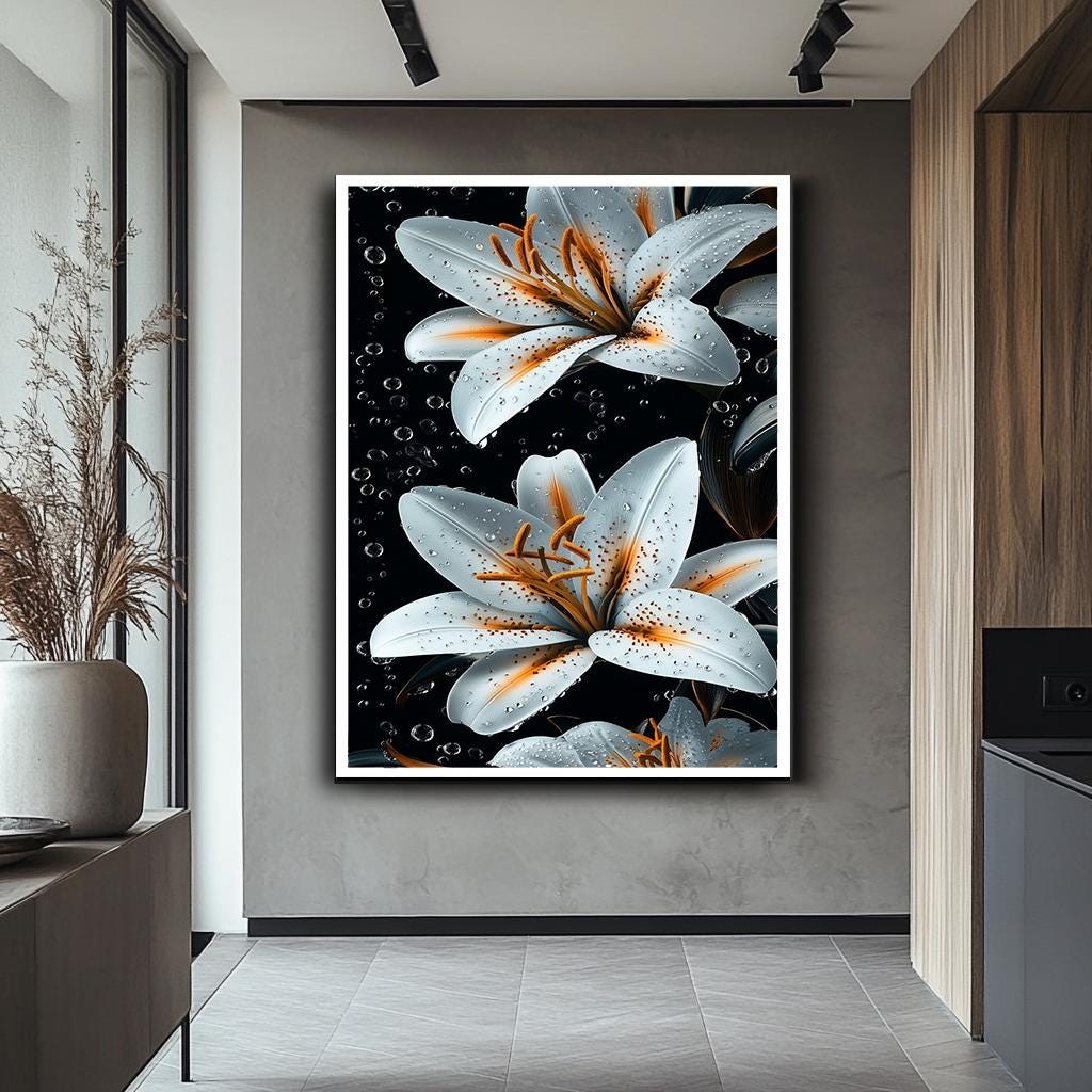 White Lily Flower Canvas Print, Elegant Floral Wall Art, Modern Botani