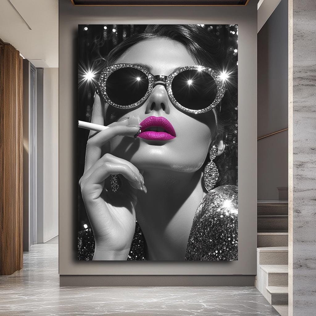 Glamorous Woman Wall Art with Pink Lips, Black and White Luxury Canvas
