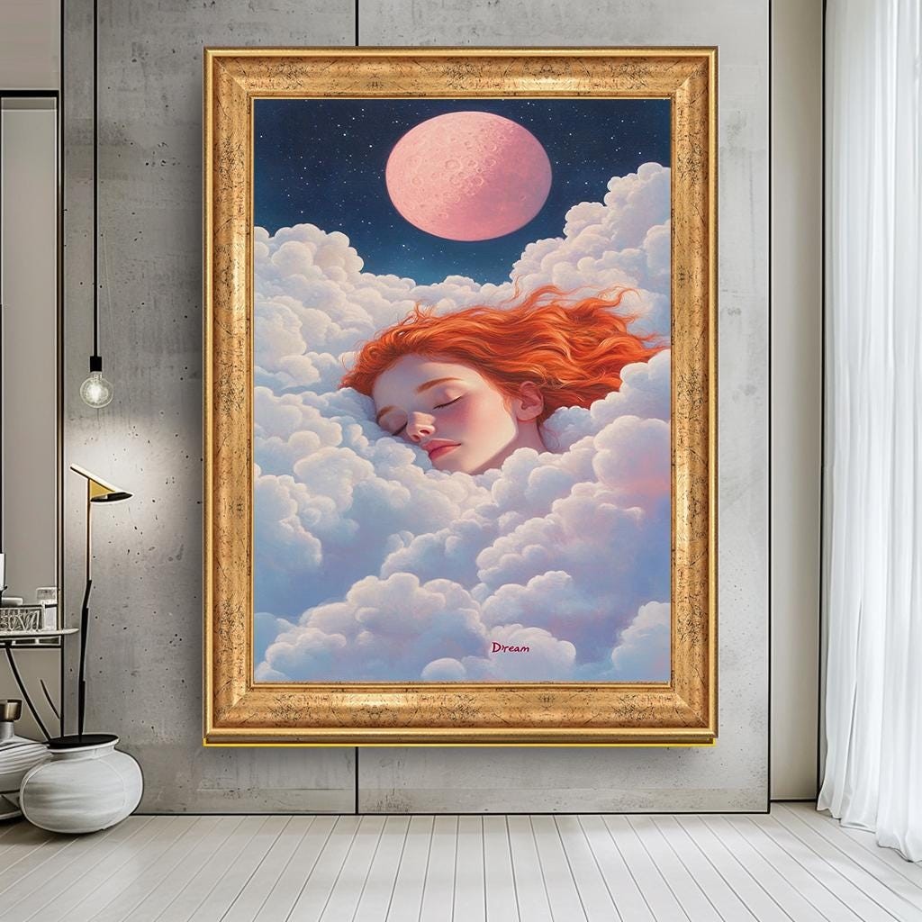 Dreamy Girl in Clouds with Pink Moon Canvas Art | Surreal Sleep-Inspir