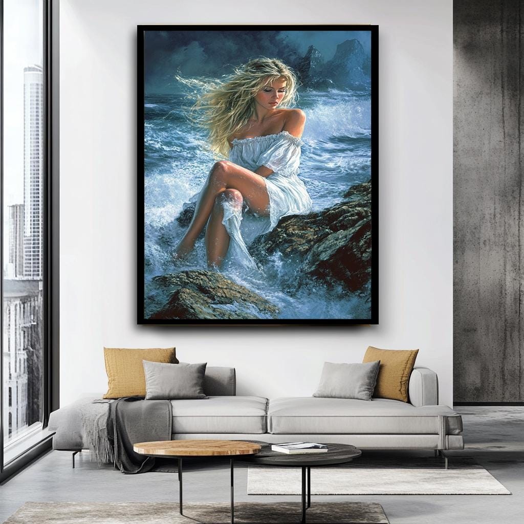 Romantic Woman on Rocks Canvas Art, Ocean Waves Wall Art, Serene Beach