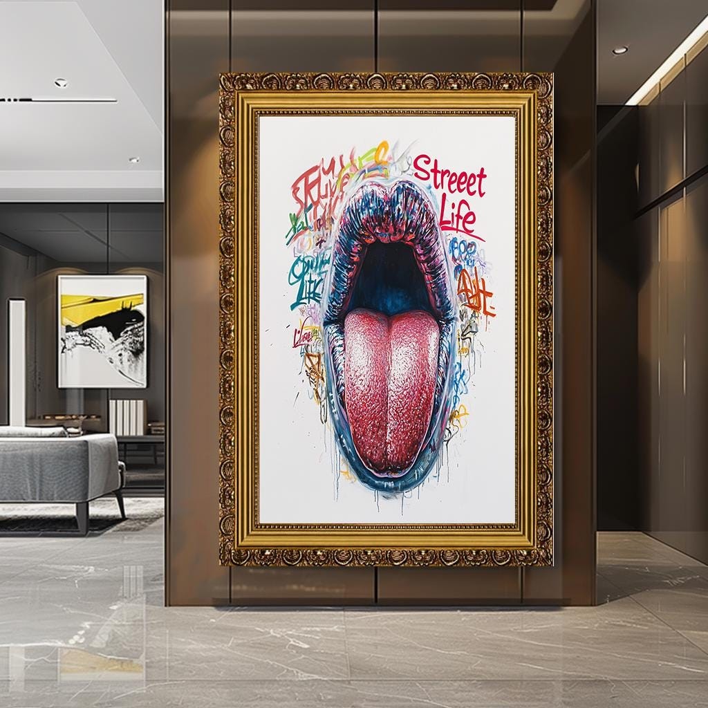 Street Life Pop Art Canvas, Bold Graffiti Tongue Art, Vibrant Urban Wa