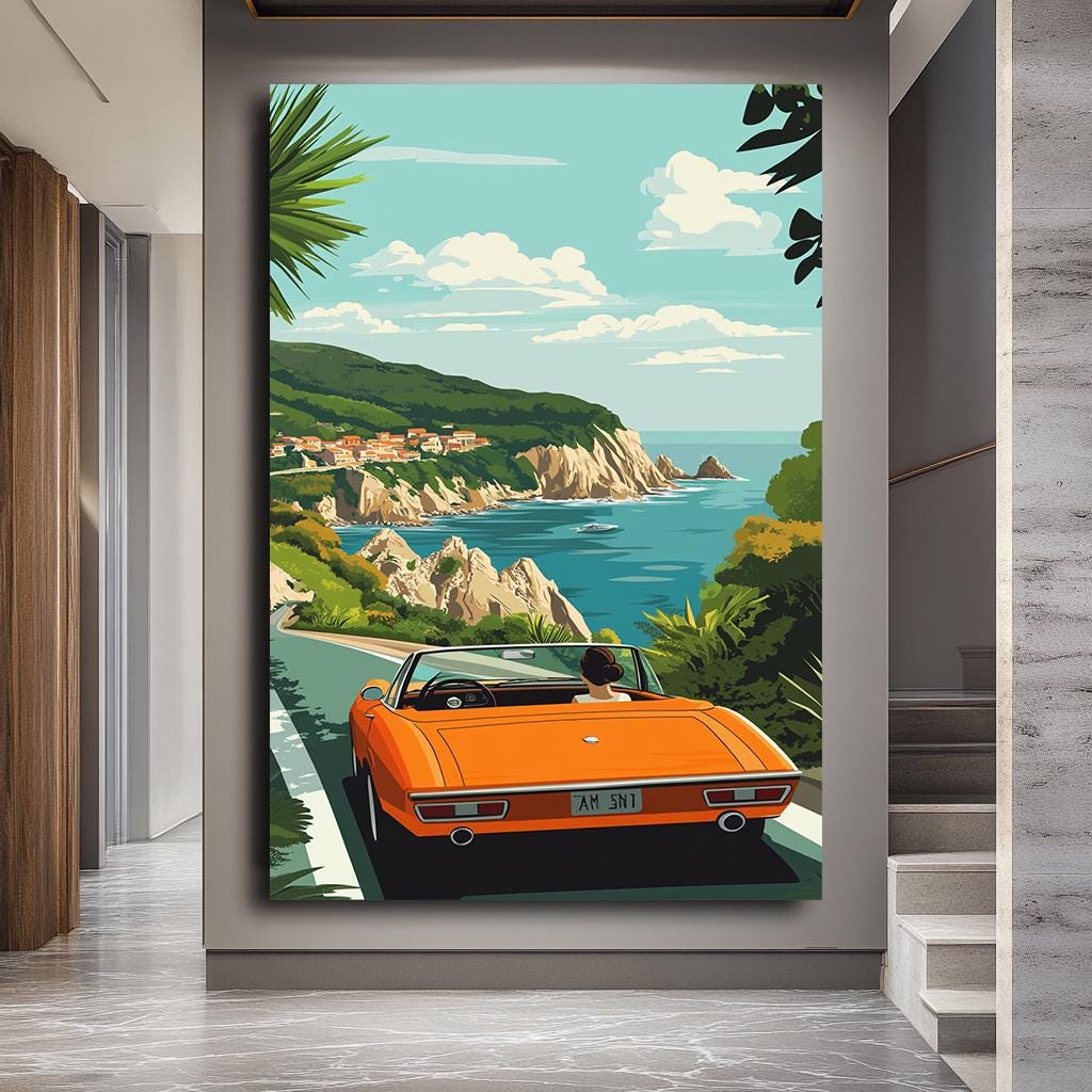 Coastal Road Trip Wall Art, Vintage Car by the Sea Canvas, Retro Trave