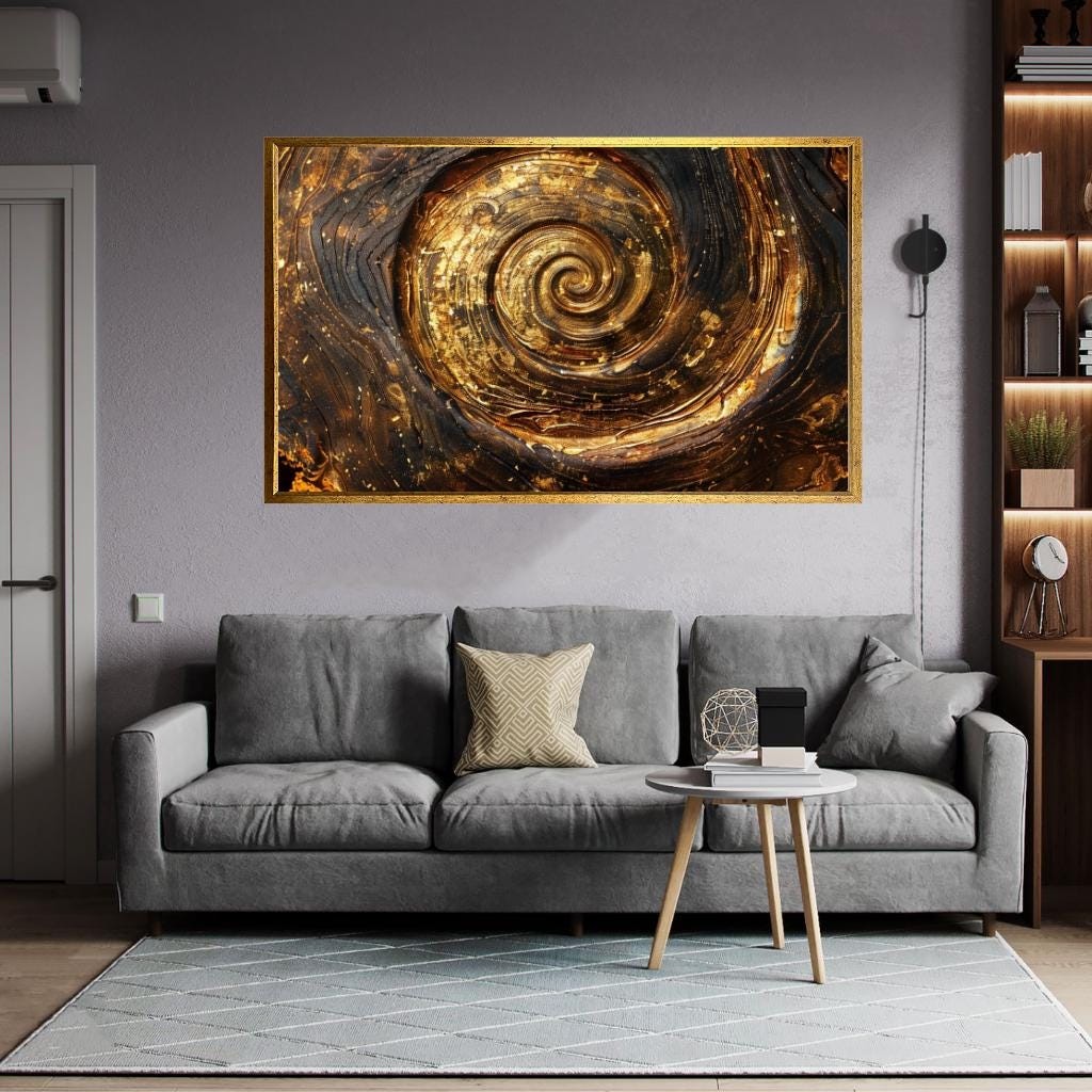 Golden Spiral Wall Art | Abstract Luxury Canvas Print | Modern Black G