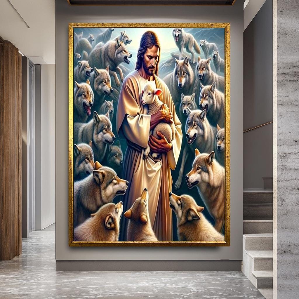 Jesus and Lamb Canvas Wall Art, Wolves and Lambs Spiritual Picture, Divine Protection Canvas Print, Religious Decor for Faith, Ready to Hang