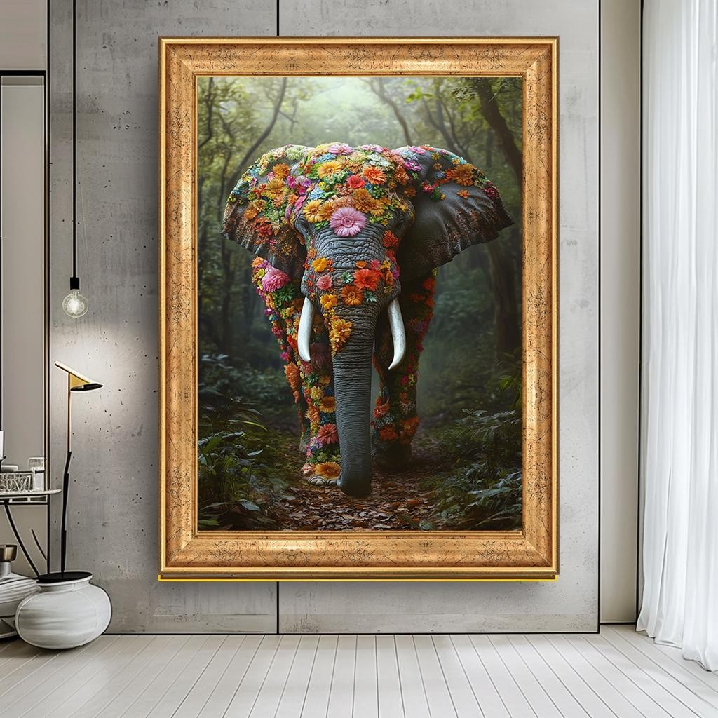 Floral Elephant Wall Art, Majestic Elephant with Flowers Canvas, Natur