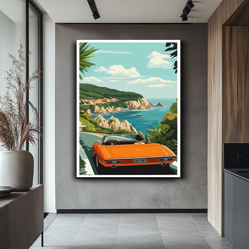 Coastal Road Trip Wall Art, Vintage Car by the Sea Canvas, Retro Trave
