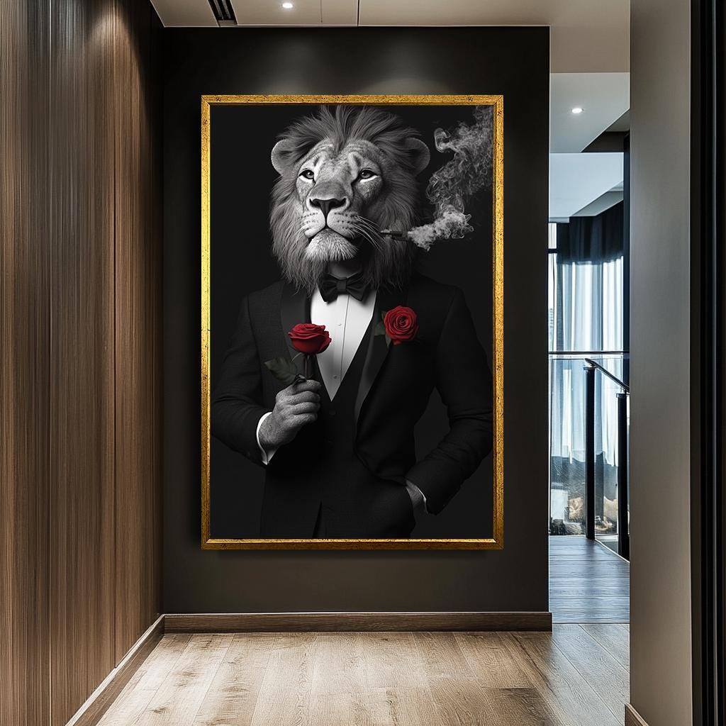 Lion Wall Art in Tuxedo - Modern Animal Portrait, Smoking Lion with Ro