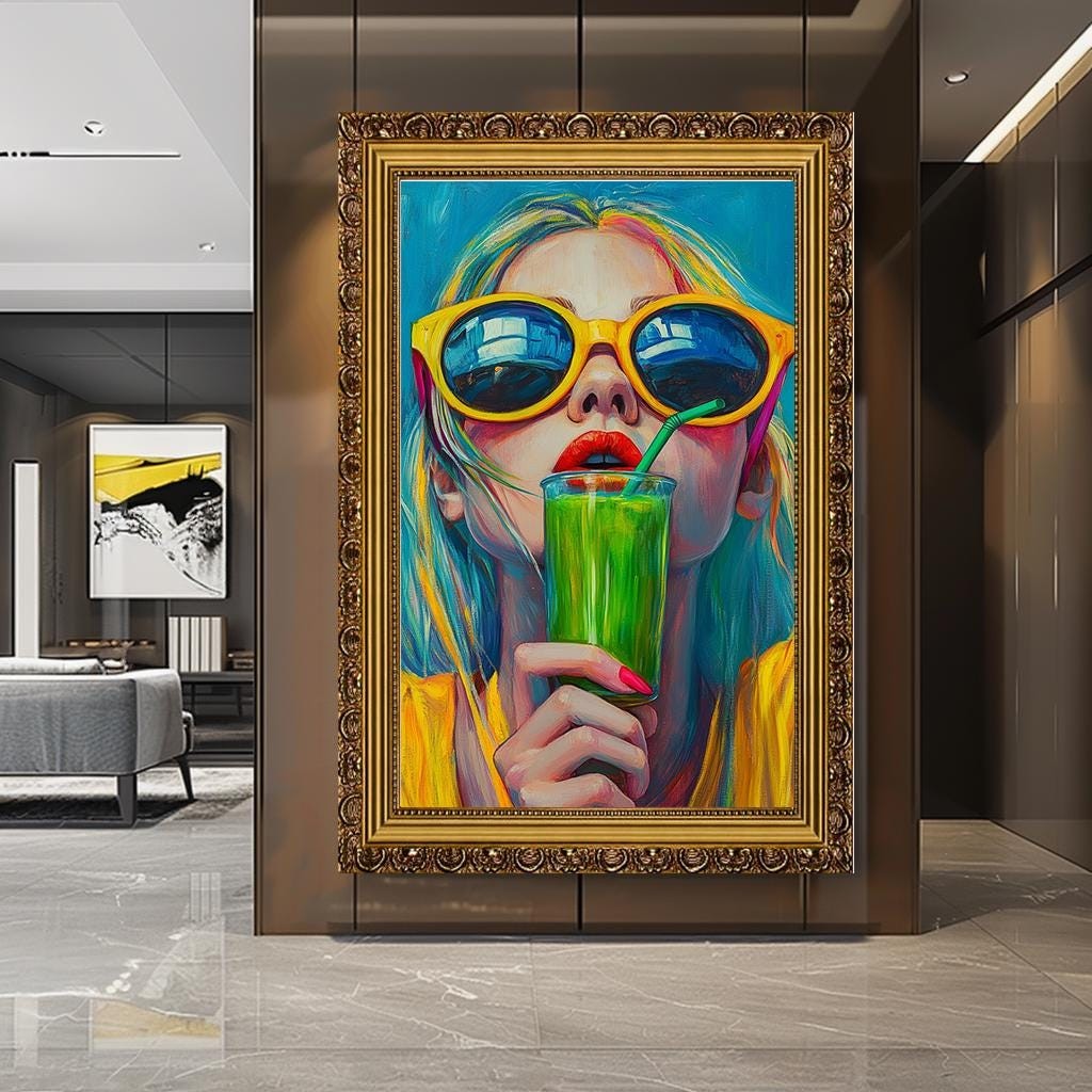 Vibrant Summer Woman with Green Smoothie Wall Art, Colorful Pop Art Ca