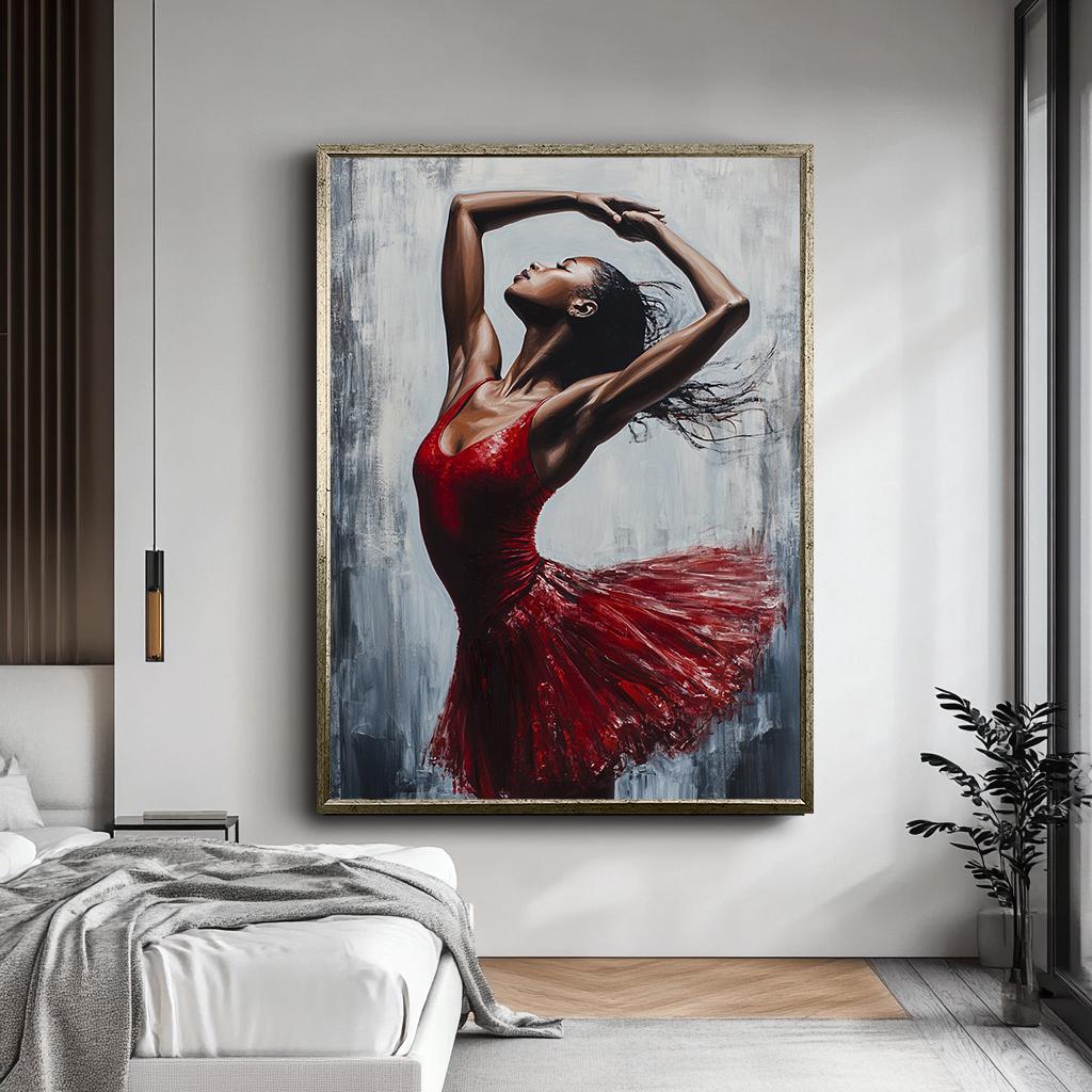 Elegant Ballerina Canvas Painting, Dynamic Dance Art in Red Dress, Lar