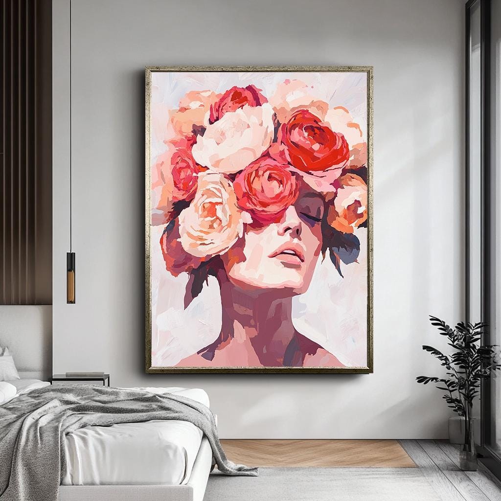 Abstract Floral Woman Portrait Wall Art, Modern Female Canvas Print, E