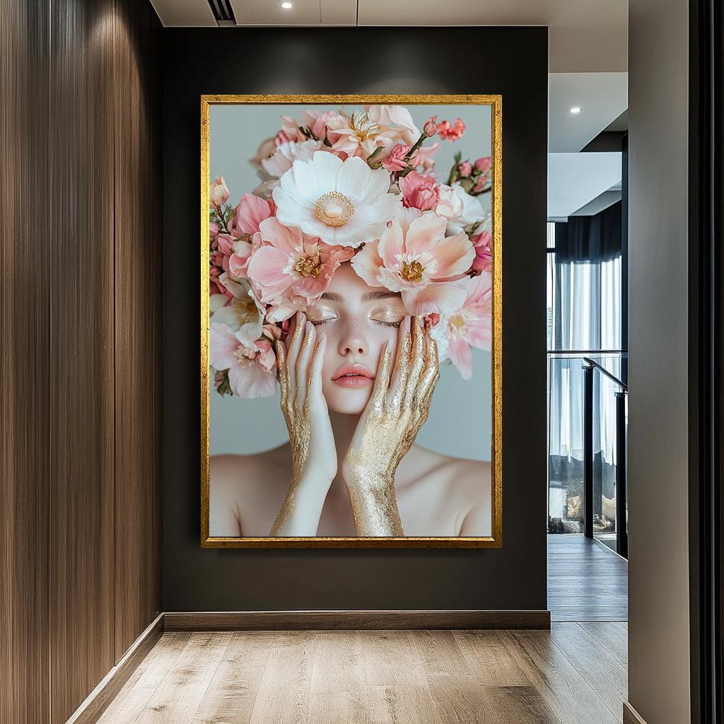 Floral Beauty Portrait Wall Art,,Woman Canvas Art, Woman with Flower C