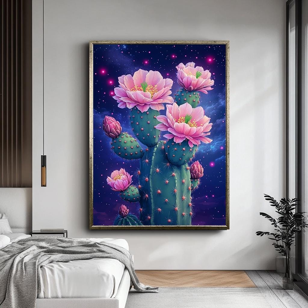 Cactus Flower Art Print, Neon Pink Floral Cactus Wall Art, Cosmic Dese