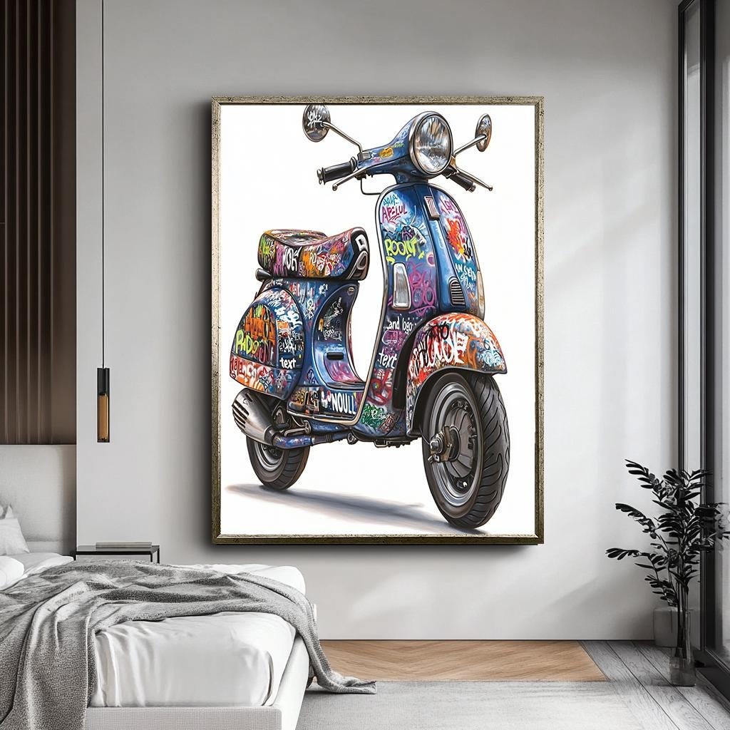 Vintage Graffiti Scooter Canvas Art – Unique Wall Art for Home Decor, 