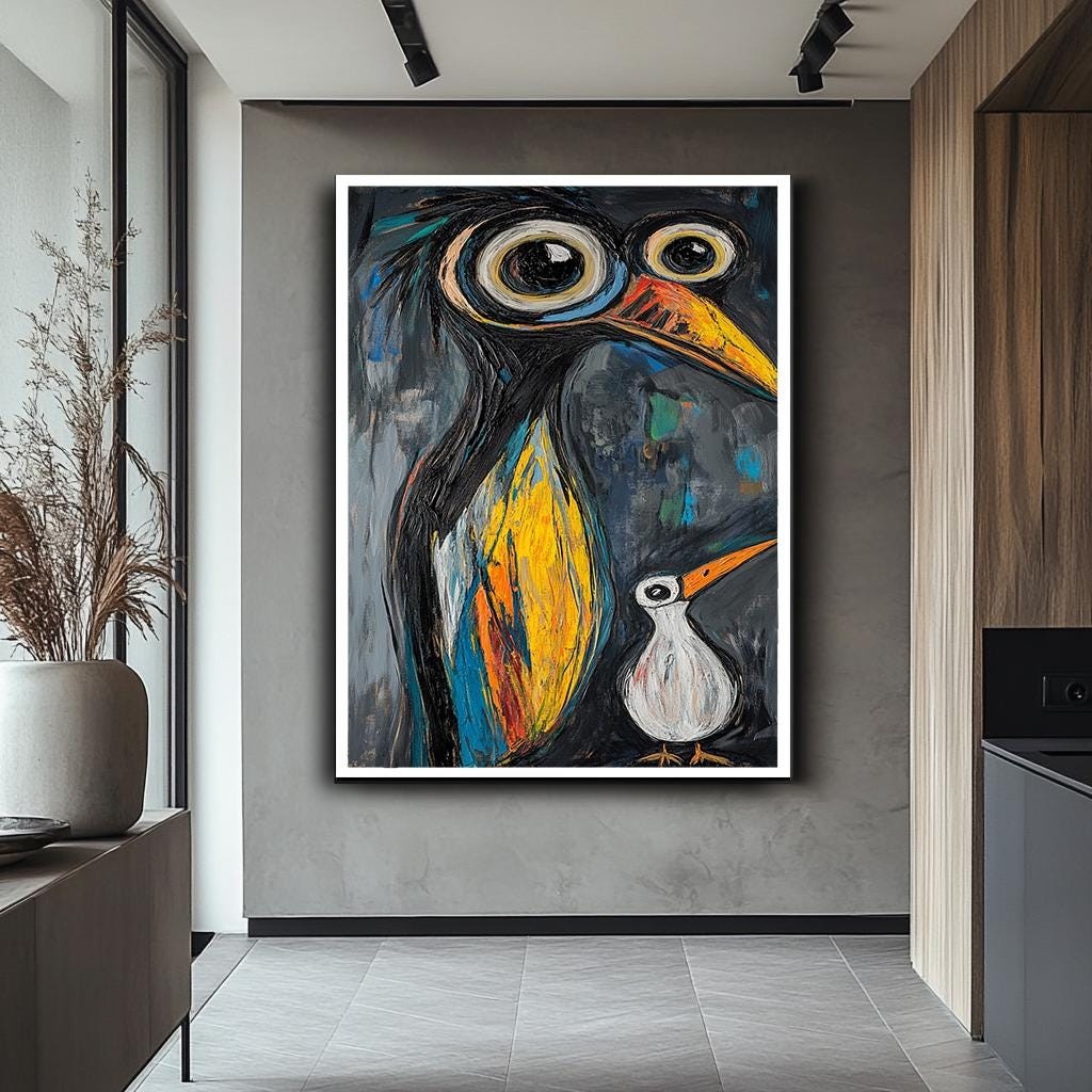 Abstract Bird Wall Art, Colorful Penguin Painting, Quirky Animal Canva