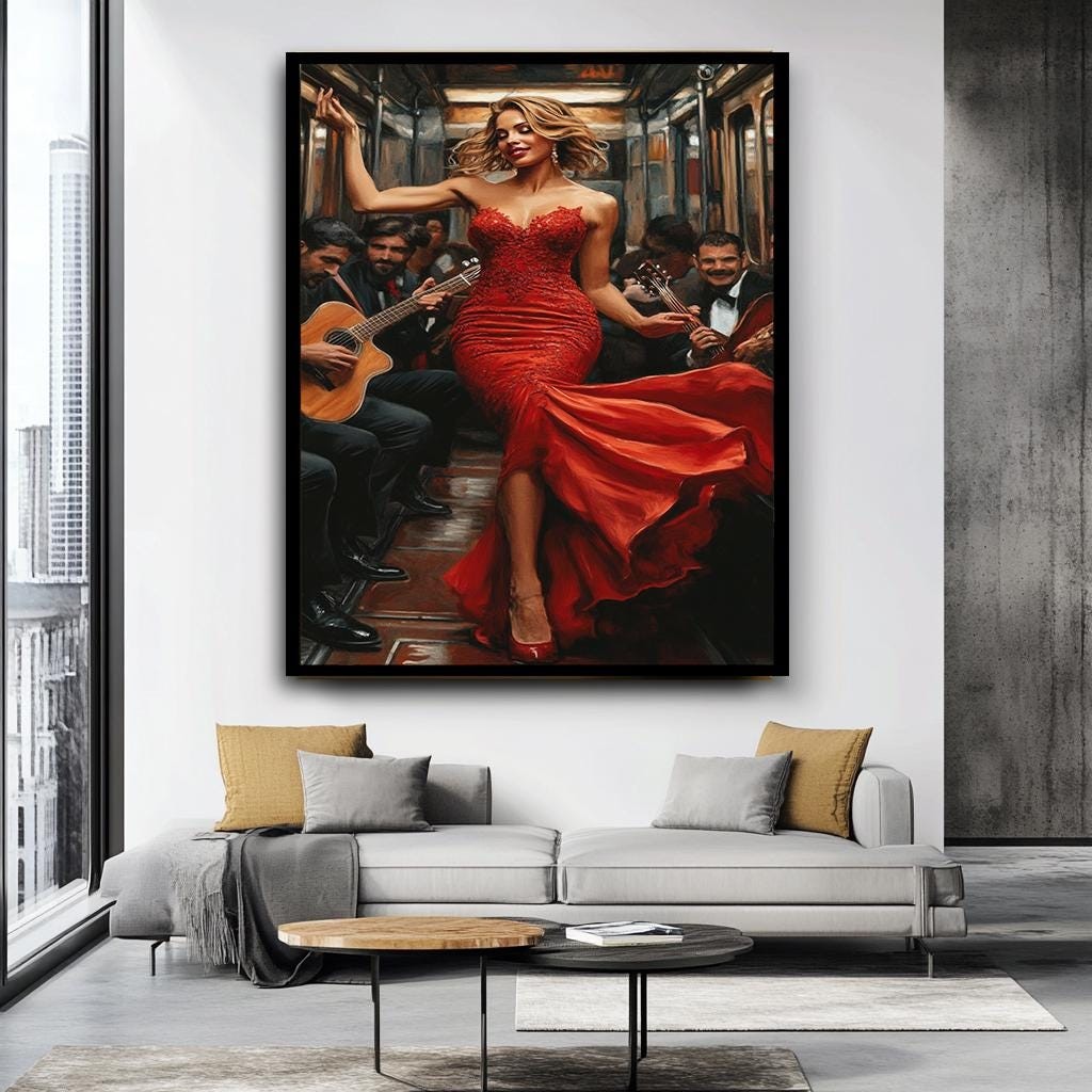 Glamorous Woman in Red Dress Canvas Print, Elegant Lady in Subway Art,