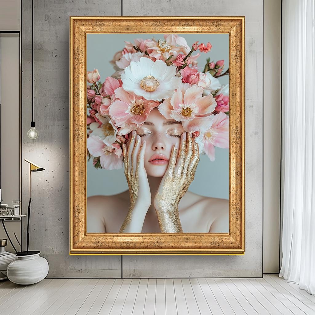 Floral Beauty Portrait Wall Art,,Woman Canvas Art, Woman with Flower C