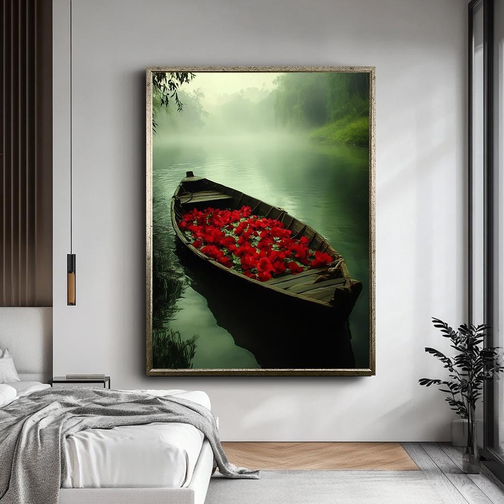 Mystical Boat with Red Flowers Canvas Print - Tranquil Nature Wall Art