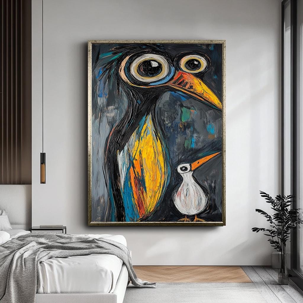 Abstract Bird Wall Art, Colorful Penguin Painting, Quirky Animal Canva