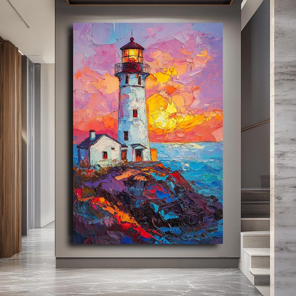 Canlı Deniz Feneri Kanvas Baskı, Renkli Gün Batımı Deniz Manzarası Resim, Oturma Odası için Dokulu Kıyı Duvar Sanatı, Cesur Okyanus Manzarası Dekoru