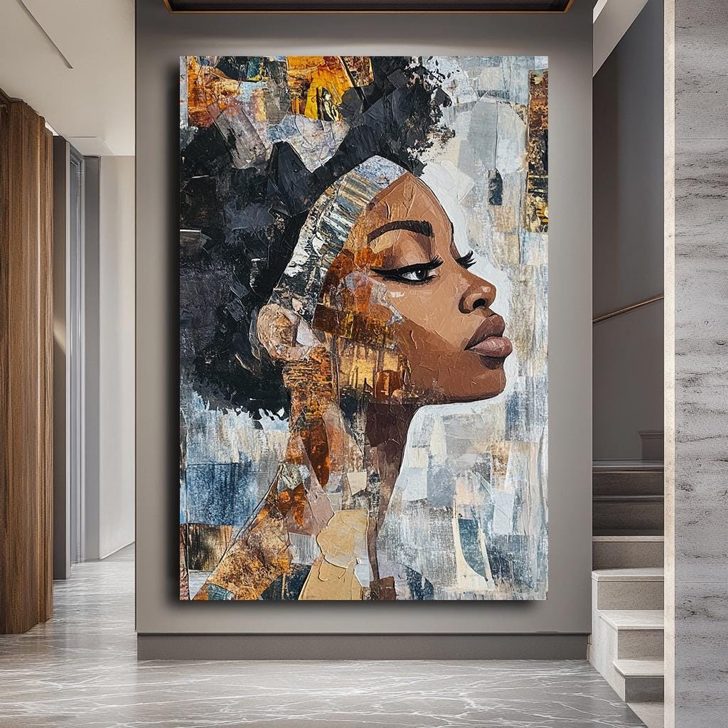 Abstract African Woman Portrait Wall Art, Bold Textured Canvas, Modern Ethnic Artwork