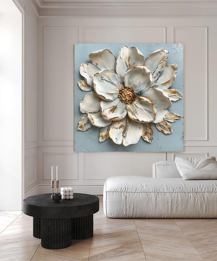 3D White Flower Canvas Wall Art - Elegant Textured Floral Painting wit