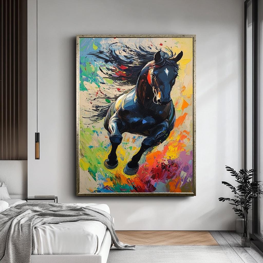 Vibrant Running Horse Canvas Art, Colorful Abstract Horse Painting, La