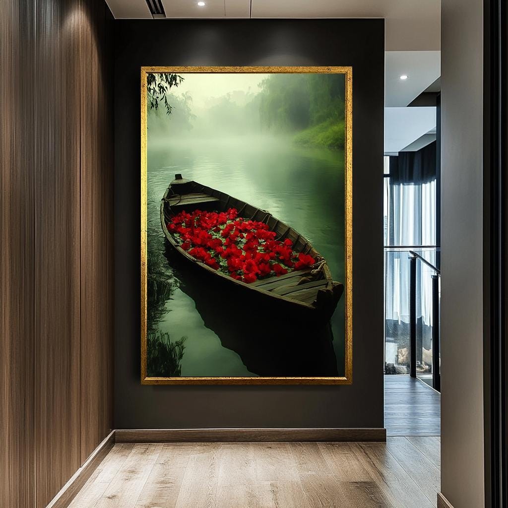 Mystical Boat with Red Flowers Canvas Print - Tranquil Nature Wall Art