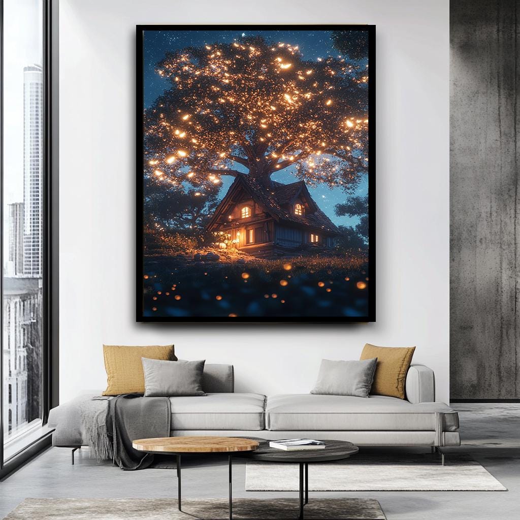Magical Tree House Canvas Art | Cozy Cottage Under Starry Sky | Glowin