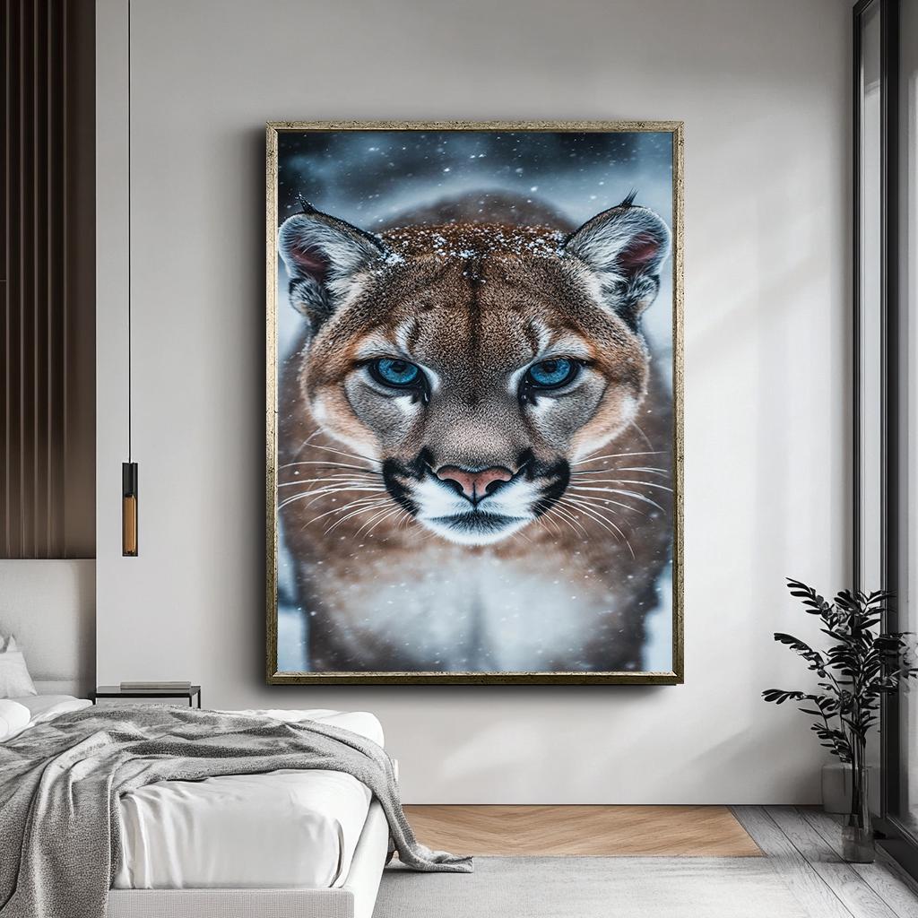 Snow Leopard Wall Art, Fierce Mountain Lion Canvas, Wild Animal Portra