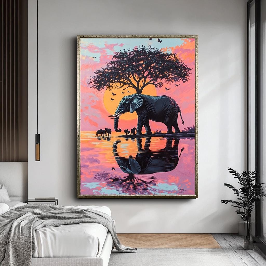 African Elephant Sunset Canvas Art | Colorful Safari Landscape Wall De