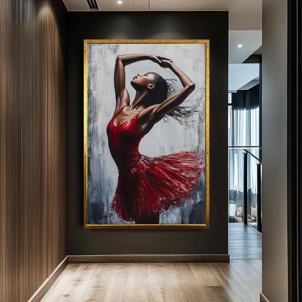 Elegant Ballerina Canvas Painting, Dynamic Dance Art in Red Dress, Lar