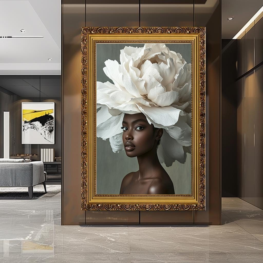 Çiçek Başlıklı Zarif Afrikalı Kadın Kanvas Tablo, Cesur Afrocentric Duvar Sanatı, Modern Moda Portre, Zarif Siyah Güzellik Sanat Eseri