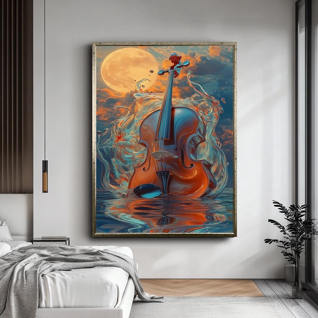 Violin and Moon Canvas Print, Dreamlike Musical Instrument Art, Vibran