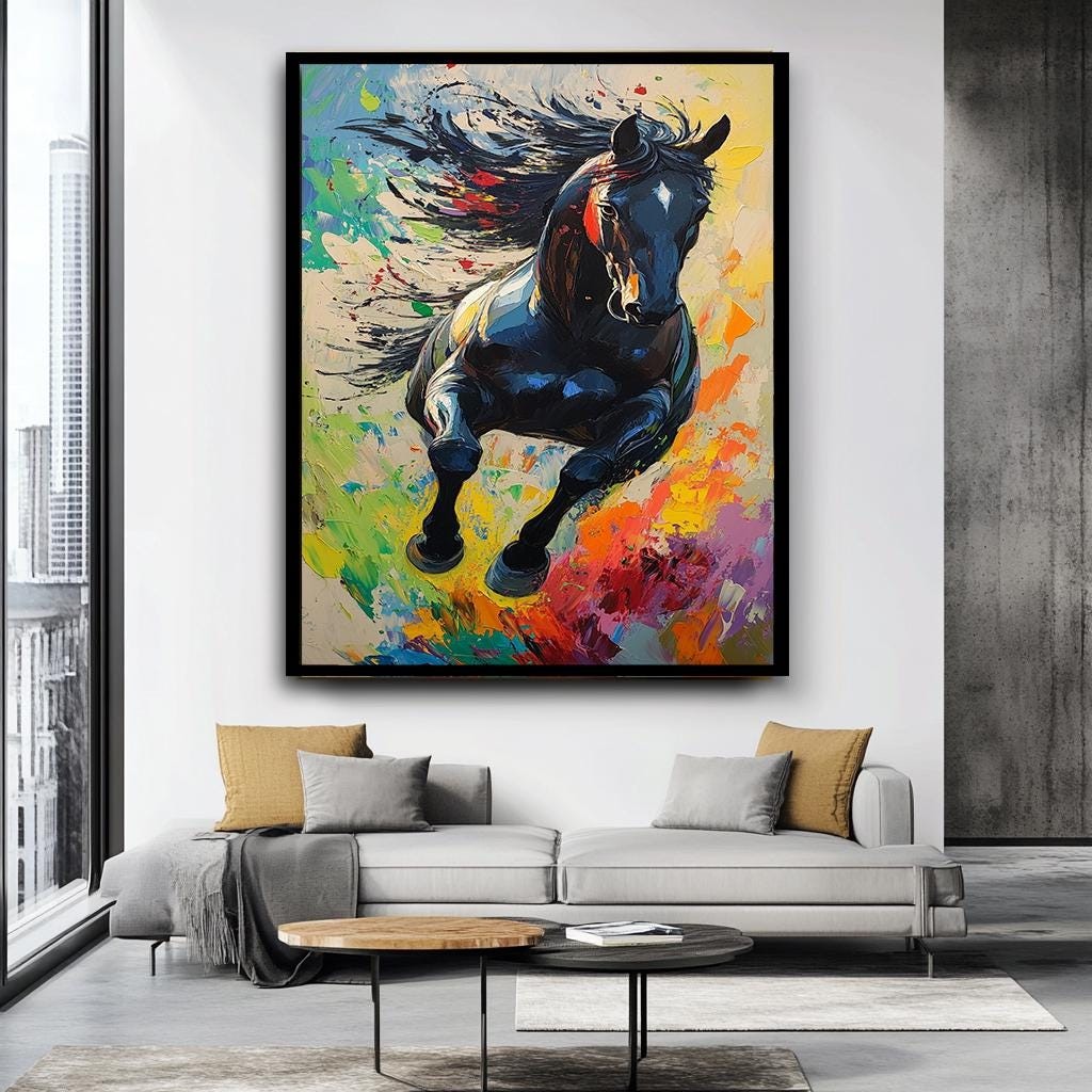 Vibrant Running Horse Canvas Art, Colorful Abstract Horse Painting, La