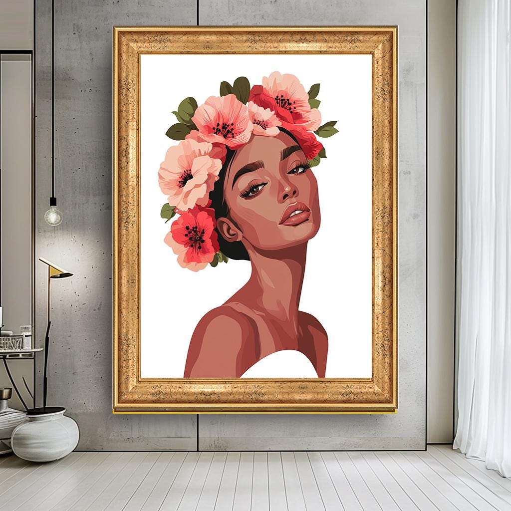 Floral Woman Portrait Wall Art, Elegant Flower Crown Canvas, Feminine 