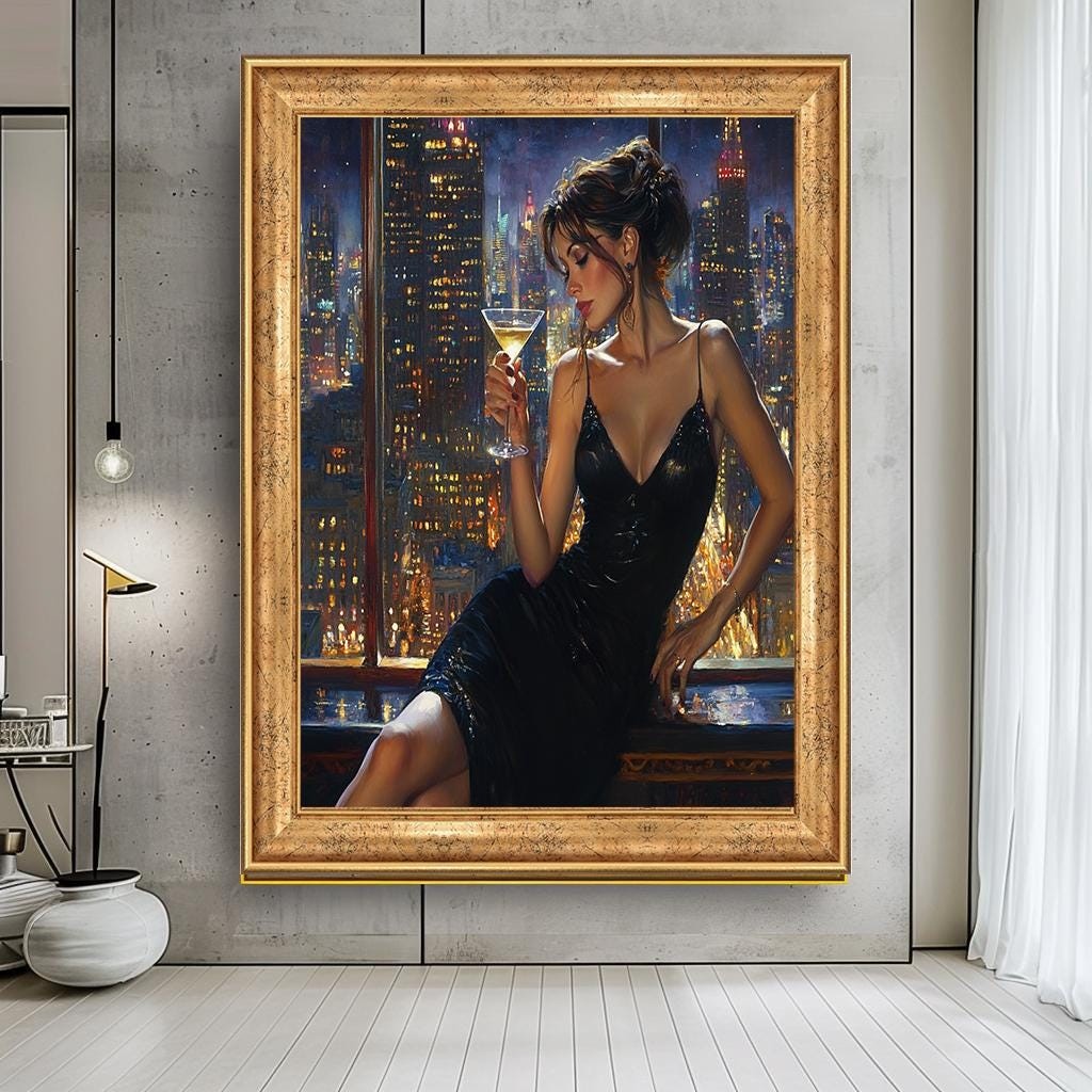 Woman in Black Dress Canvas Print, Sensual Cityscape Wall Art, Modern 