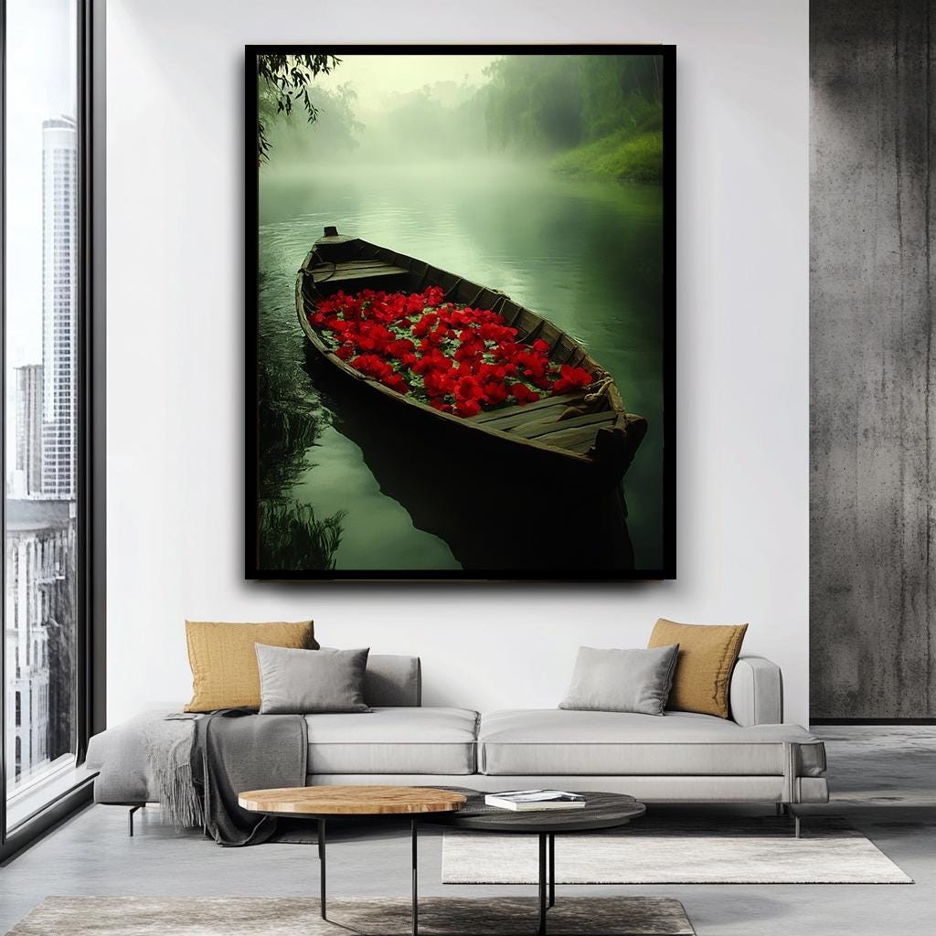 Mystical Boat with Red Flowers Canvas Print - Tranquil Nature Wall Art