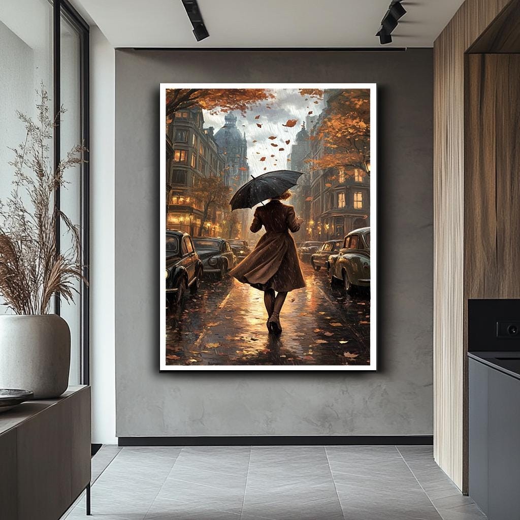 Rainy Street Scene Wall Art, Elegant Woman with Umbrella Canvas, Vinta