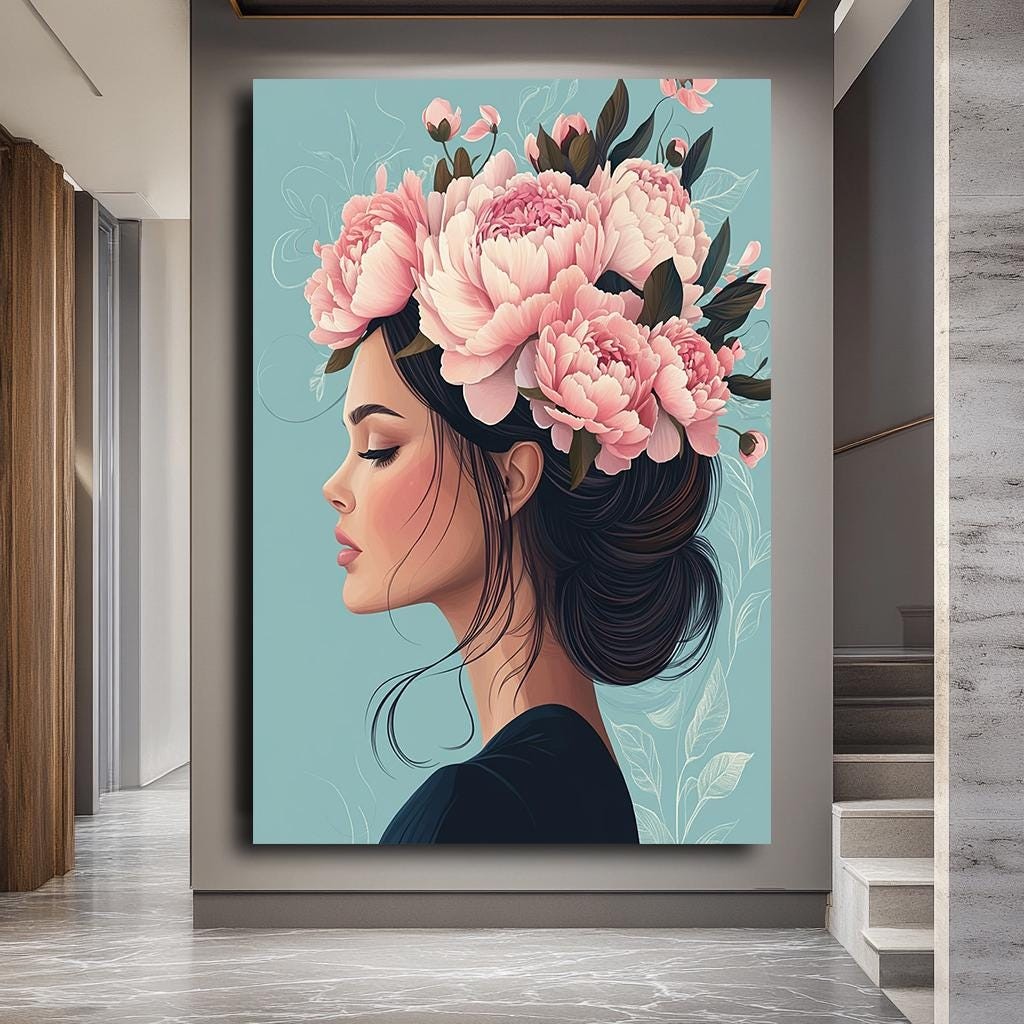 Floral Woman Portrait Wall Art, Elegant Flower Crown Canvas, Feminine 