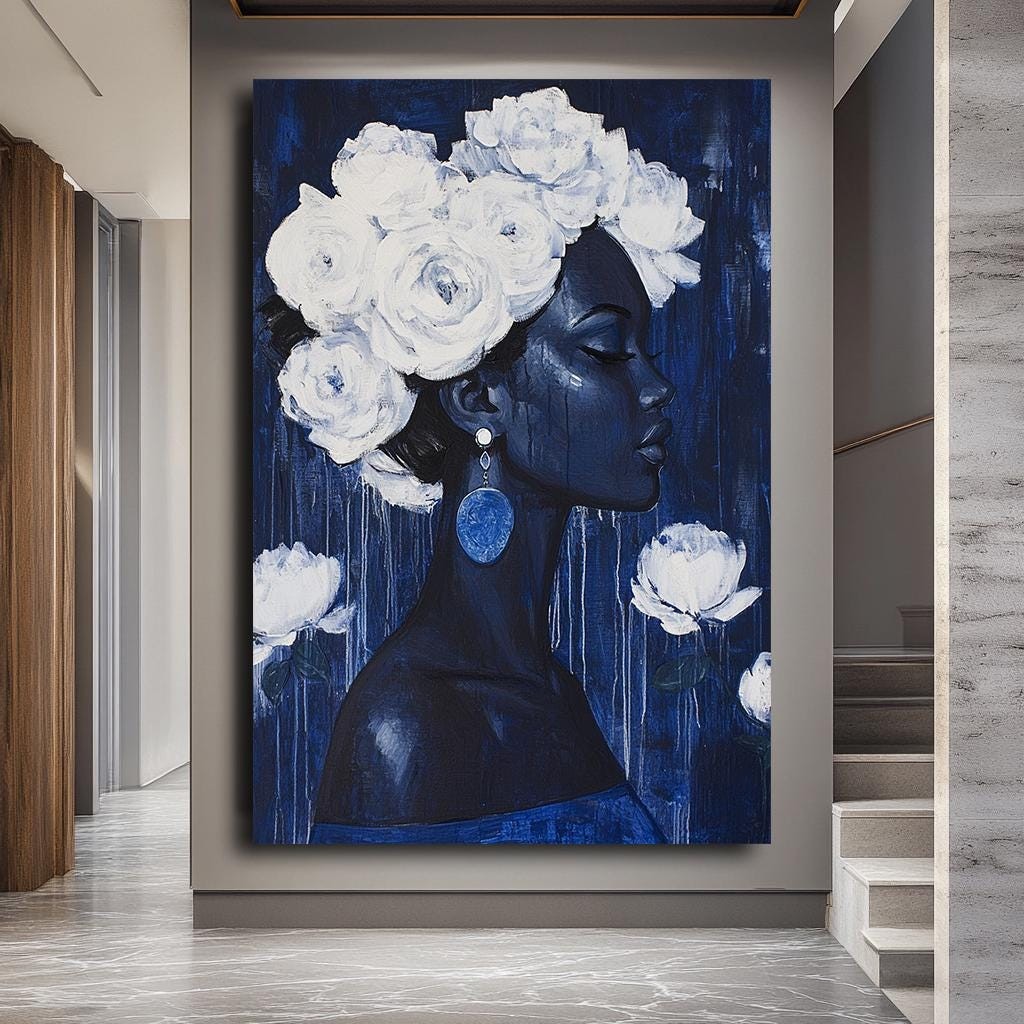 Elegant Blue Woman Portrait Canvas with White Roses, Modern Floral Art