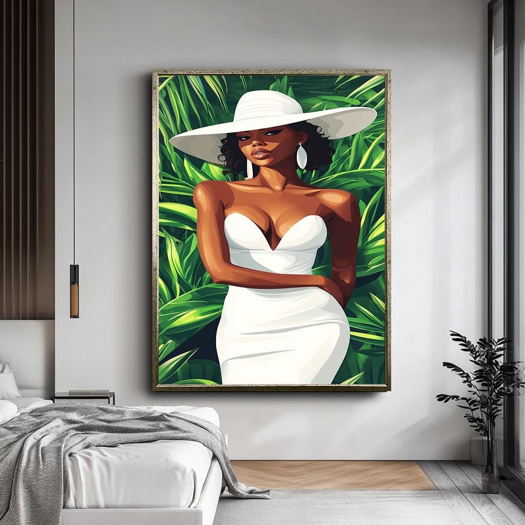 Elegant African Woman in White Dress Canvas Print, Bold Afrocentric Ar