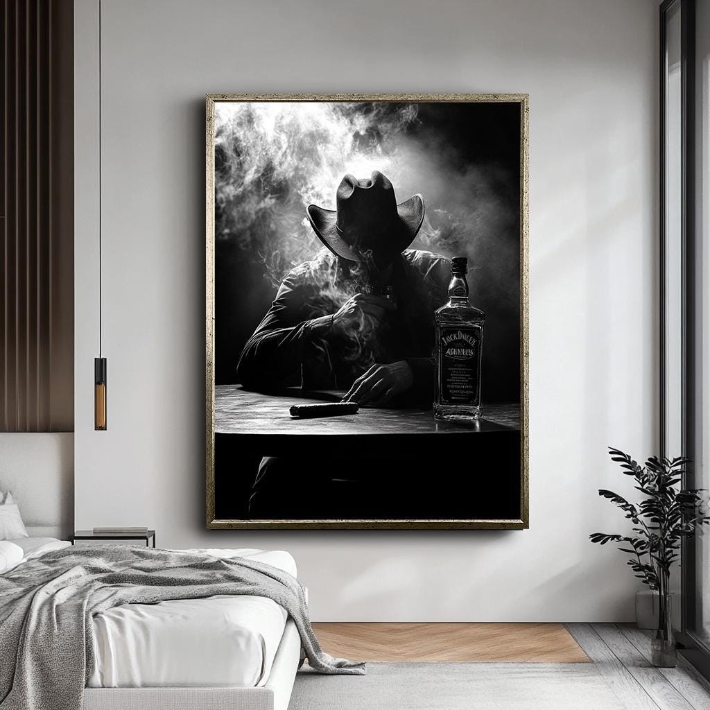 Western Cowboy Black and White Canvas Print, Cigar and Whiskey Wall Ar